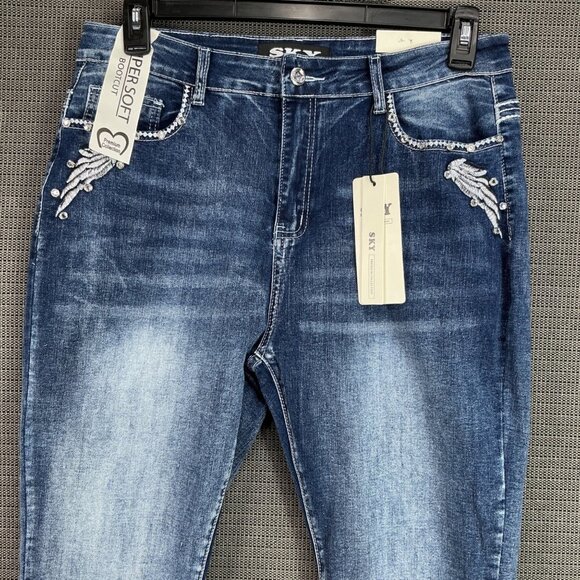 New Sky Premium Women's Western Flared Jeans Size 15 Angel Wings Skull Y2K - Picture 8 of 14